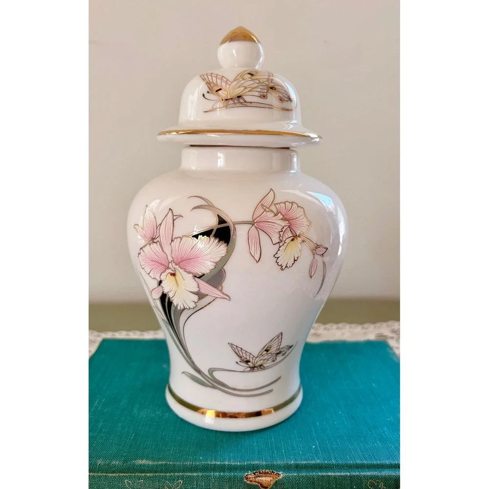 Vintage Fine China Japan Ginger Jar Orchid Butterfly Gold Trim Porcelain Vase